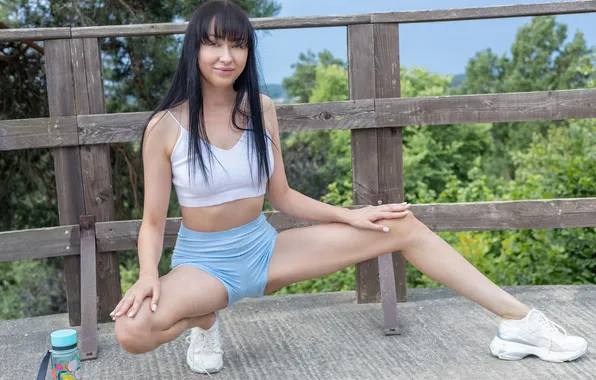 Shorts, long hair, model, gorgeous, photoshoot, posing, beautiful face, wood fence