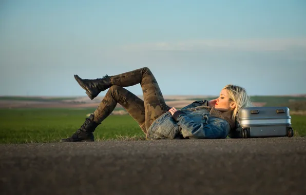 Road, girl, suitcase