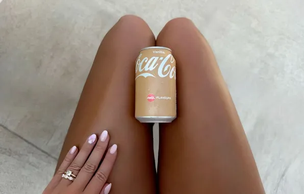 Girl, ring, drink, coca-cola, manicure, slender legs