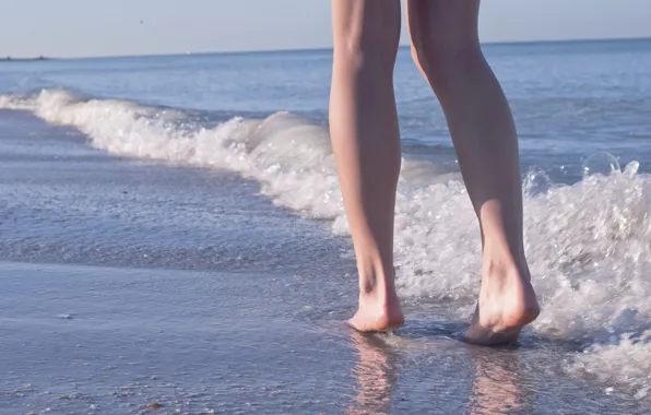 Water, Sand, Sea, Girl, Wave, Feet