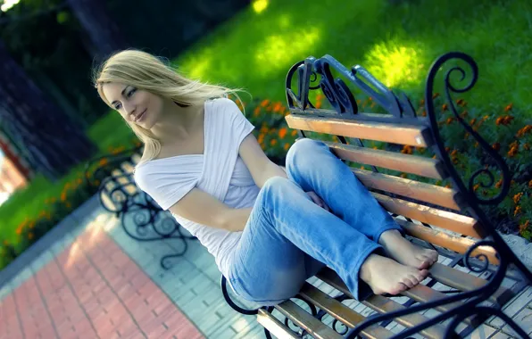 Girl, Park, bench