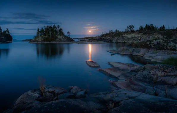 Trees, landscape, night, nature, lake, stones, the moon, Lake Ladoga