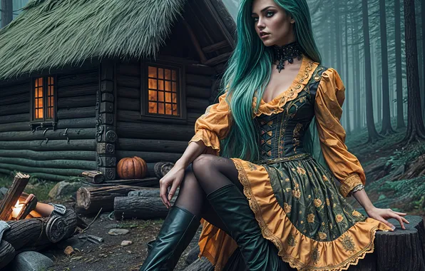 Wallpaper logs, neural network, AI art, house, pumpkin, girl, witch, green hair