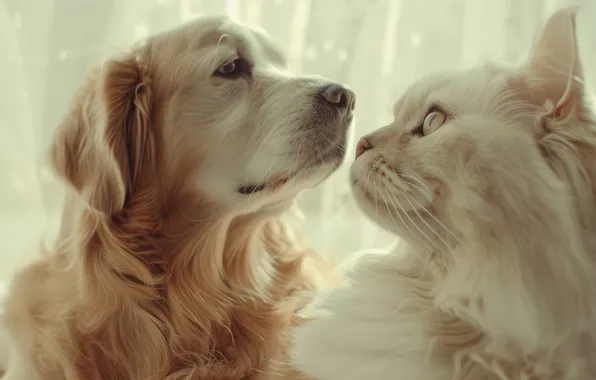 Cat, white, cat, look, light, pose, together, dog