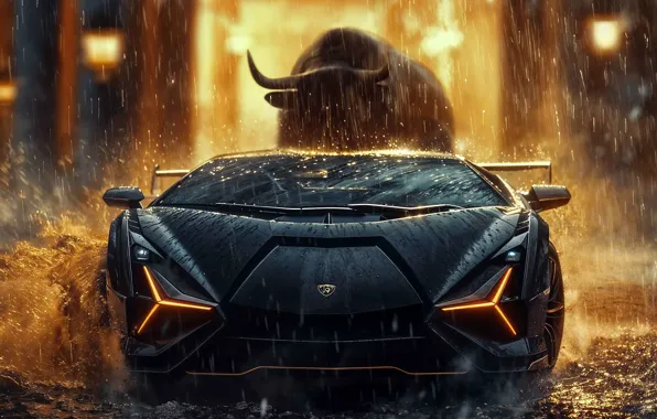 Picture Water, Black, Lamborghini, Rain, Bull, Art, Bull, Front