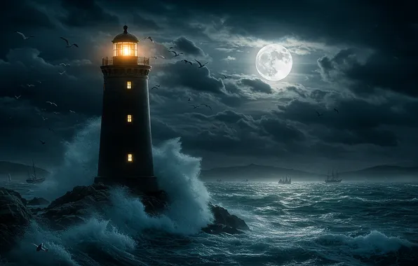 Water, night, storm, the moon, lighthouse