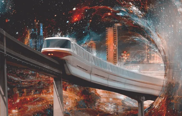 Picture space, stars, night, the city, rendering, fiction, train, height