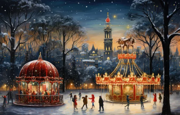 Winter, snow, children, the city, retro, people, castle, past