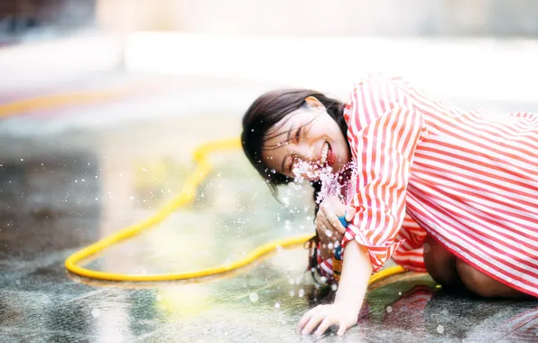 Beautiful, Asian, Model, Water, Smile, Woman, Road, Wet