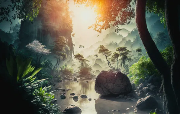 Forest, the sun, light, trees, landscape, nature, stones, view