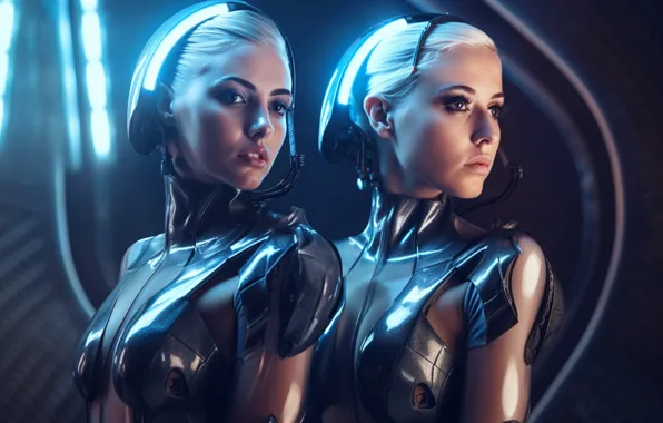 Girl, face, girls, technology, robots, pair, blonde, clone