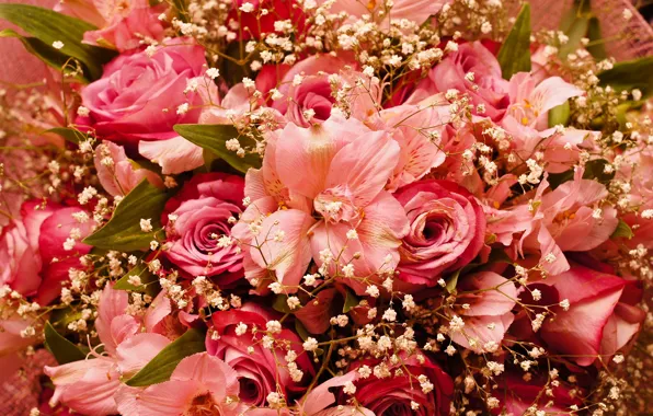 Flowers, roses, petals, gypsophila, alstremeria, flower cuts, pink bouquet