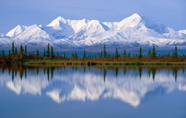 Picture water, snow, trees, mountains, lake, river, ate, Alaska