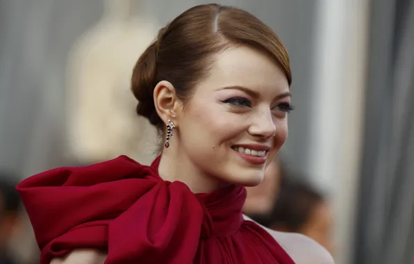 Picture girl, actress, red hair, red dress, earrings, Emma stone, emma stone