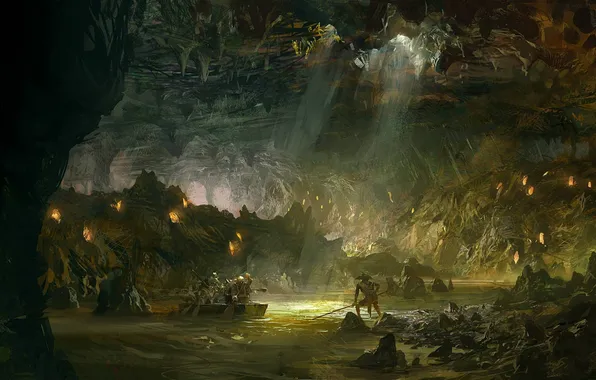 Picture river, boat, cave, goblins, underground, guild wars 2