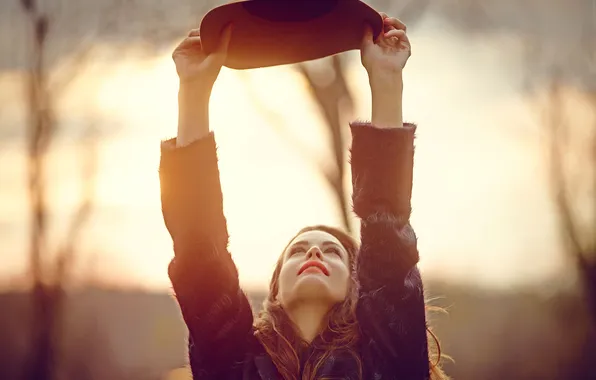 Autumn, sunset, nature, the evening, hat, hands, actress, photographer