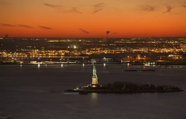 Picture the sky, landscape, night, lights, island, New York, USA, the statue of Liberty