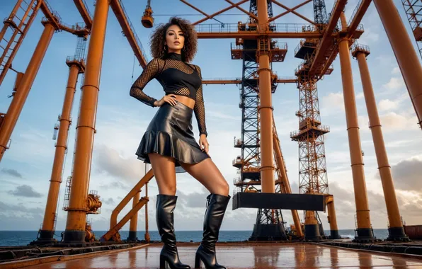 Girl, pose, skirt, boots, curls