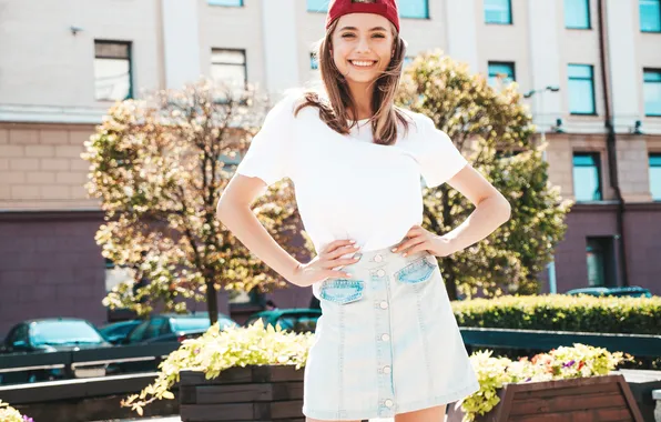 Girl, sexy, smile, beautiful, cap, cute, skirt, tank top