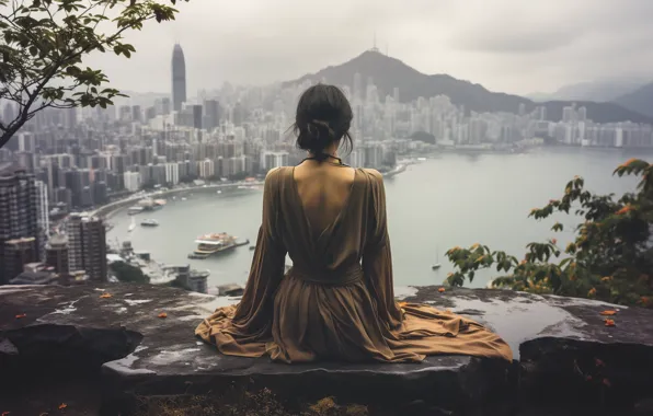 Girl, mountains, branches, nature, the city, pose, fog, open