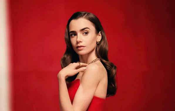 Look, girl, background, red, makeup, brunette, lips, beauty