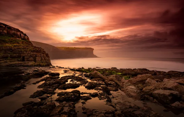 Sea, beach, the sky, the sun, clouds, light, landscape, sunset