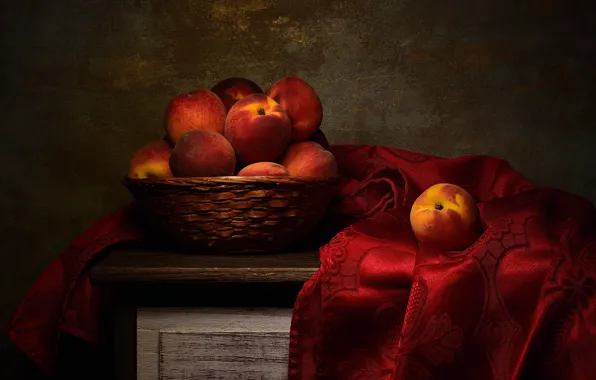 The dark background, table, still life, peaches