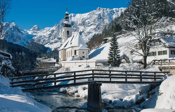 Picture winter, trees, mountains, bridge, river, Germany, Bayern, Church