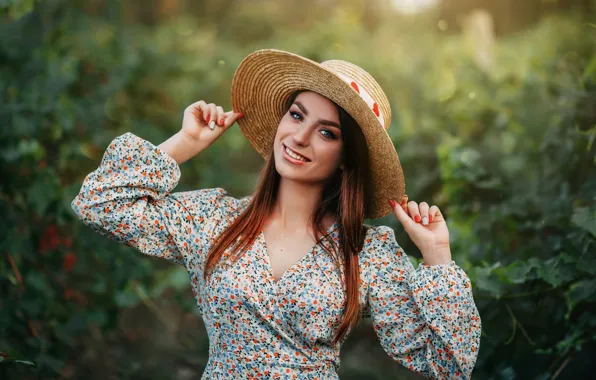 Girl, pose, smile, mood, hat, hands, long hair, by Victoria Gurtovaya