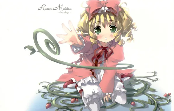 Dress, white background, bow, gesture, rozen maiden, art, green eyes, curly hair