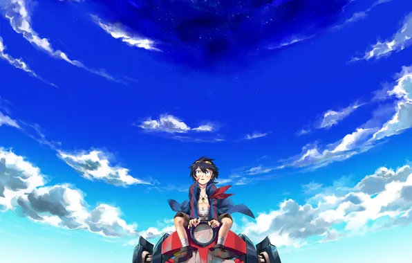 Picture the sky, clouds, surface, the wind, robot, anime, guy, anime