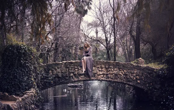 Picture girl, nature, dress, sitting, the bridge, Kateryna