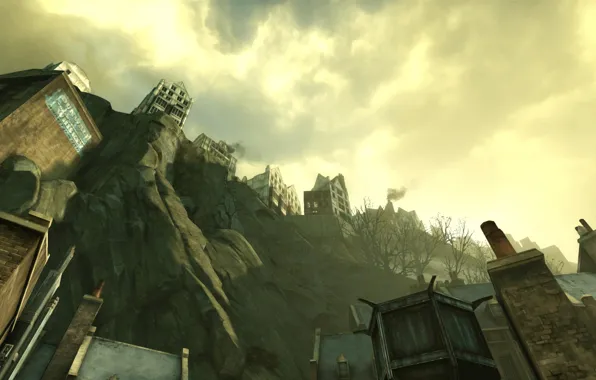 Picture the sky, clouds, the city, rocks, Dishonored