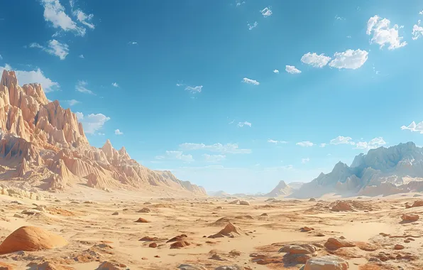Sand, Mountains, Desert, Stones, Eclipse, Digital art, AI art, The Art of Artificial Intelligence