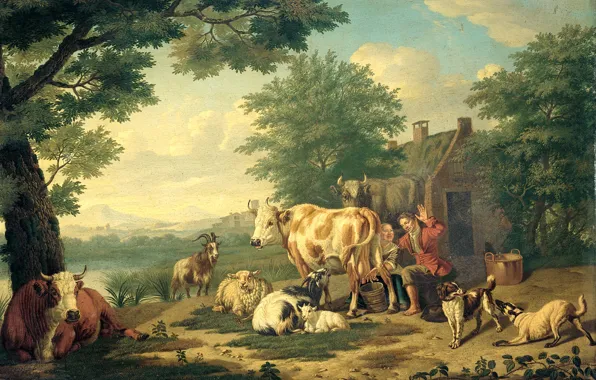 Animals, oil, picture, life, Jan van Rumble, Milking Cows