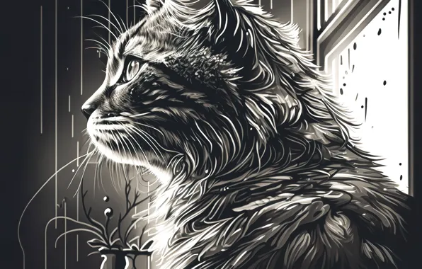 Cat, Cat, Art, Side, Digital art, Black and white, AI art, The Art of Artificial …