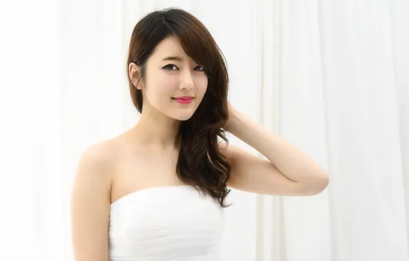 Pose, smile, portrait, Asian, white dress, gesture, beautiful girl, smile
