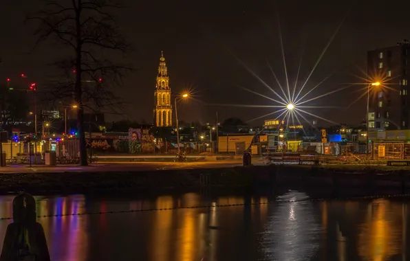 Night, lights, home, lights, channel, Netherlands, Groningen