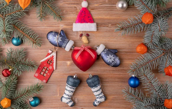 Balls, branches, heart, Board, Christmas, New year, socks, house