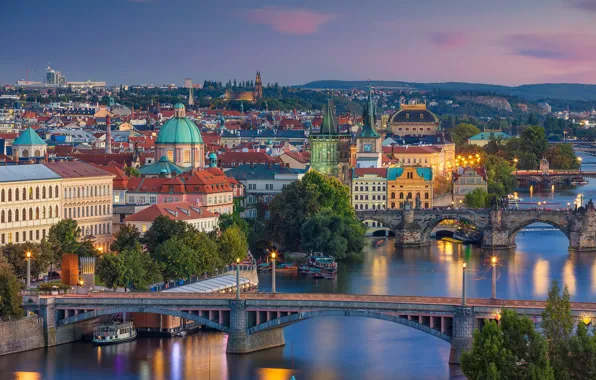 Bridge, river, Prague, Czech Republic, panorama, Vltava