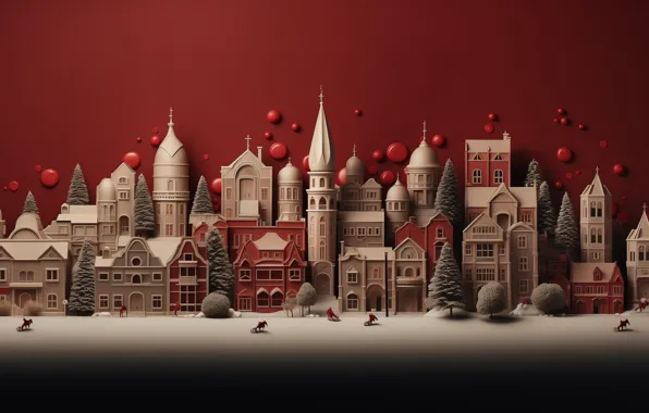 Winter, snow, the city, people, balls, building, home, Christmas