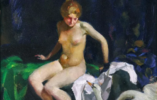 Girl, Swan, Picture, Bed, Naked, Rudolf Nissl, Austro-German artist, Rudolf Nissl