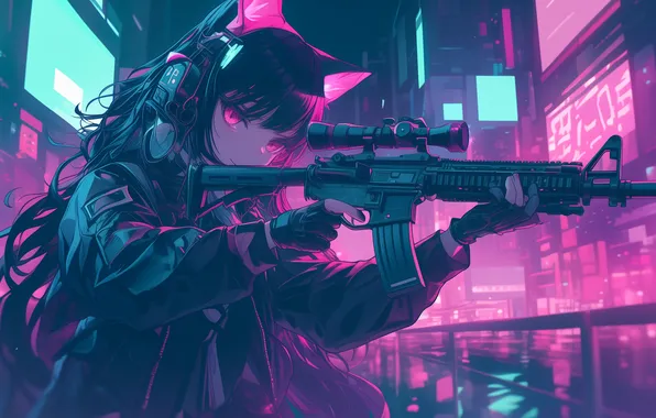 Weapons, neon, anime, art, rifle, swat, special forces, The catgirl