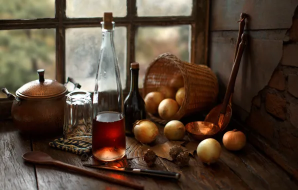 Picture glass, table, basket, bottle, bow, window, still life, The Corner
