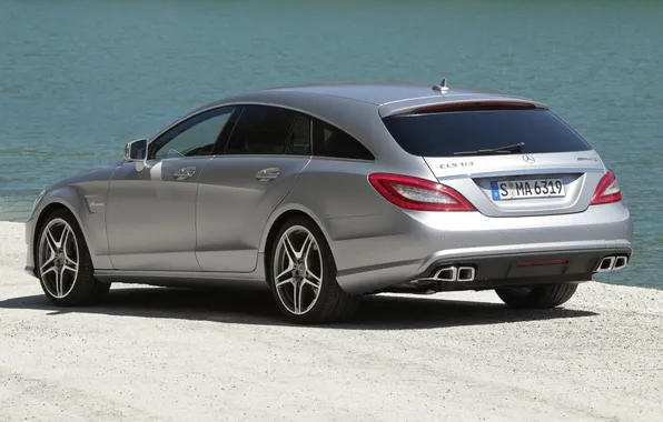 Water, shore, Mercedes-Benz, CLS, silver, rear view, AMG, universal