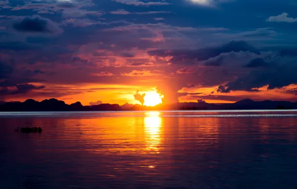 The sky, clouds, sunset, river, shore