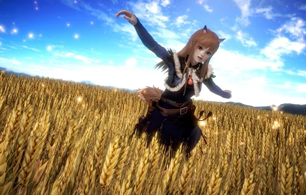 Field, girl, red, ears, Spice and Wolf, Holo, 3D graphics, Spice And Wolf