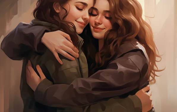 Girls, Smile, Hair, Two, Digital art, AI art, The Art of Artificial Intelligence, Neural network