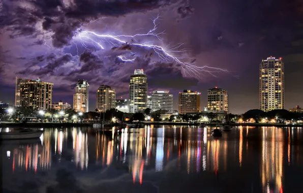 Picture the storm, the sky, night, clouds, the city, reflection, lightning