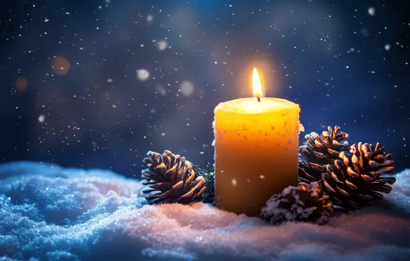 Winter, light, snow, night, flame, candle, Christmas, the snow